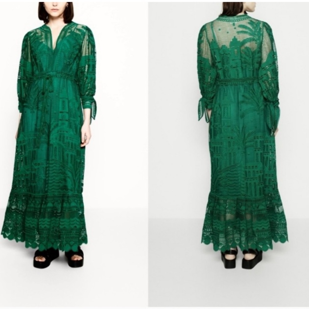 NWT House of Harlow 1960 Crochet Embroidered Lace Maxi Green Dress Sz S